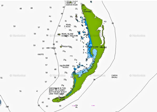 <b>Level 3 view of Electronic Navigation Chart- centred on small brown shape in level 2 chart which morphs into the   Cargados Carajos Shoals. The Green colour is the lagoon inside the reef. The atolls are in blue. Not clearly visible on this chart is the same comment about current in August that appears on the 1825 survey chart.</b> © SW